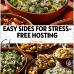 A table spread of Make Ahead Thanksgiving Sides including Amish Broccoli Salad and Blue Cheese Coleslaw in rustic bowls.